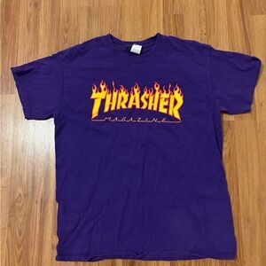 Thrasher Purple Tee with Yellow-Orange Flame Logo